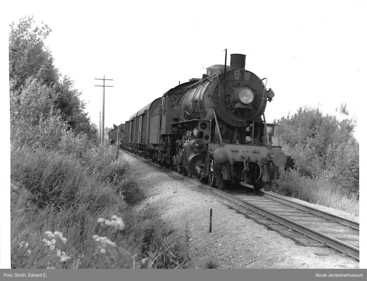 Damplokomotiv type 33c nr. 394 med godstog, trolig mellom Hell og Hegra på Meråkerbanen