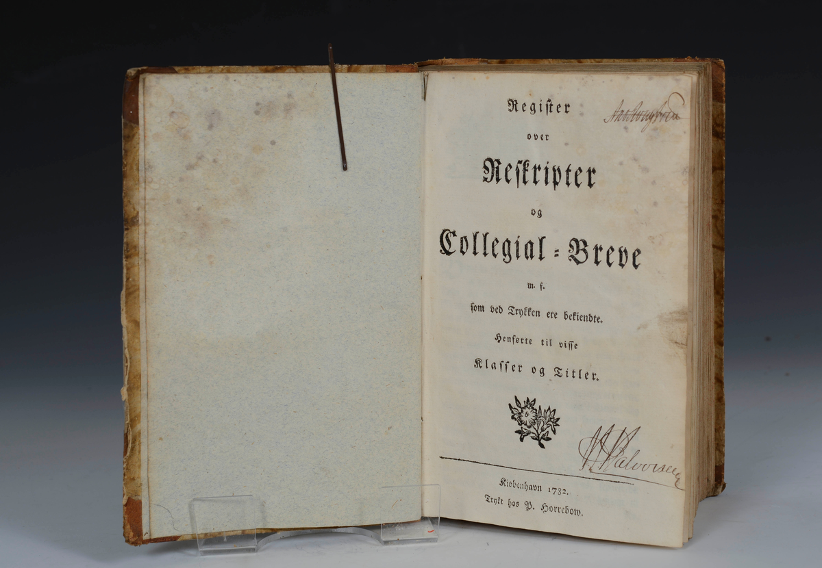Prot: Samling bøker, juridiske, kjøpt efter en lensmand. d) Register over Reskripter (Kjøbenhavn 1782).