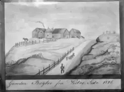 Tegning av Bagloe gård sett fra vestsiden