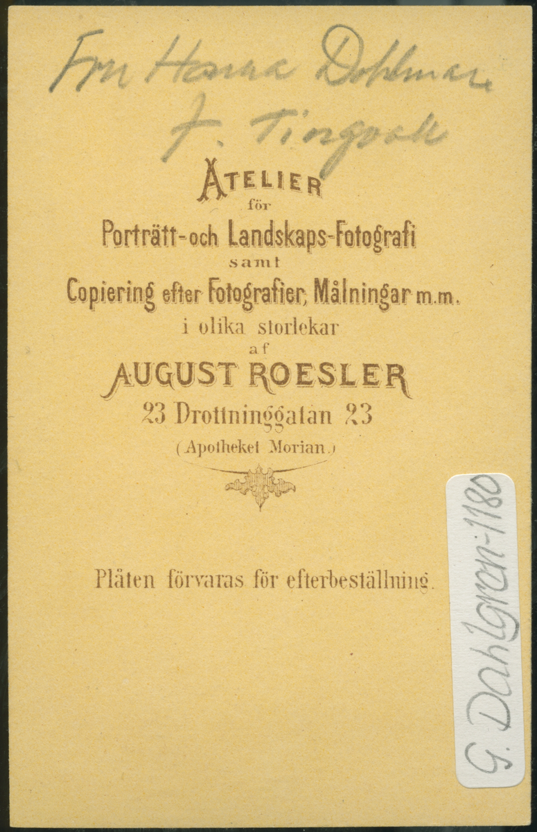 På kuvertet står följande information sammanställd vid museets första genomgång av materialet: Fru Hanna Dahlman f. Tingvall.
