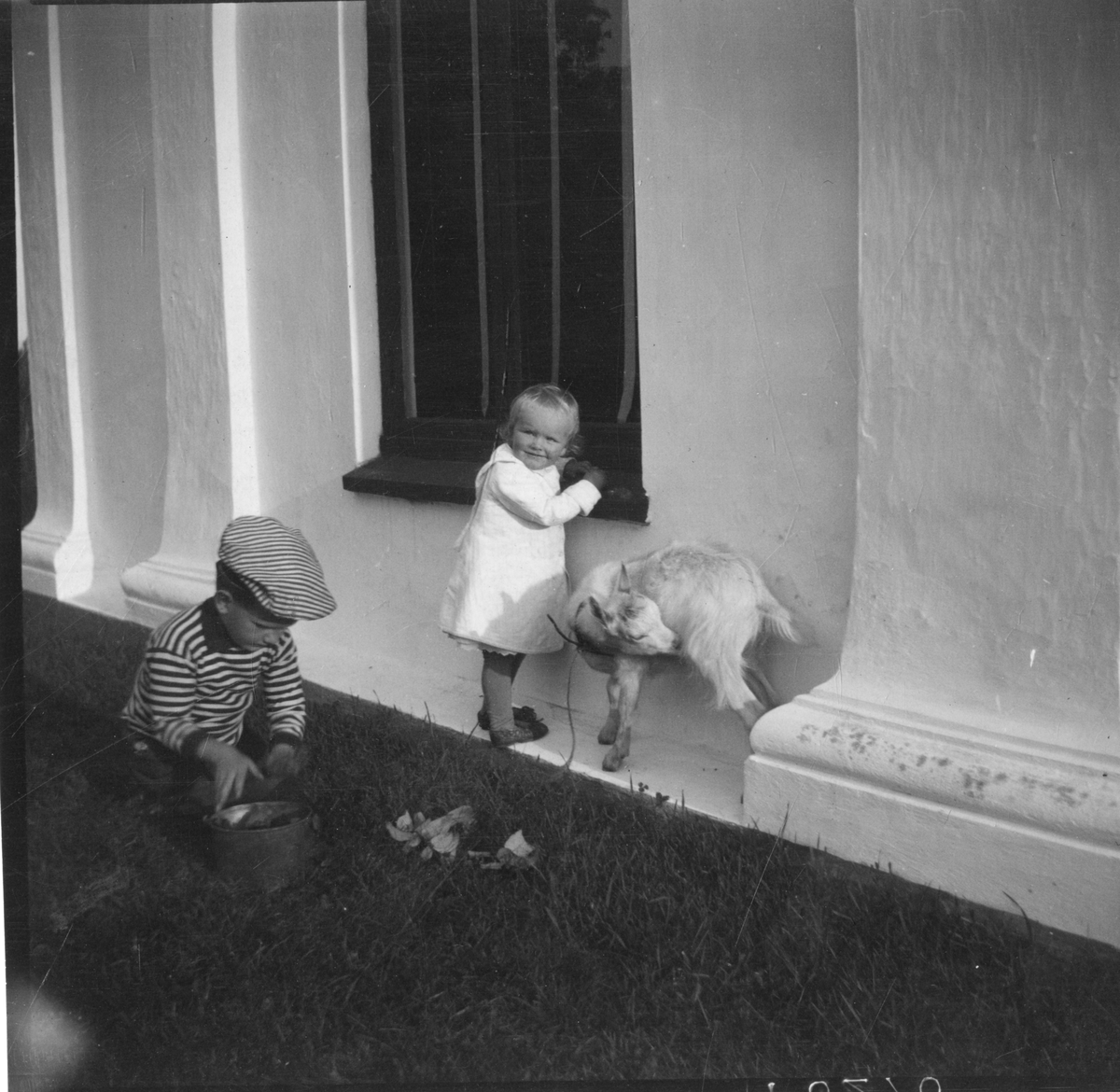 Foto av søsknene Nils Fredrik og Cecilie Aall utenfor Ulefos hovedgård, september 1915. Ved siden av jenten kan man se geiten Kalte