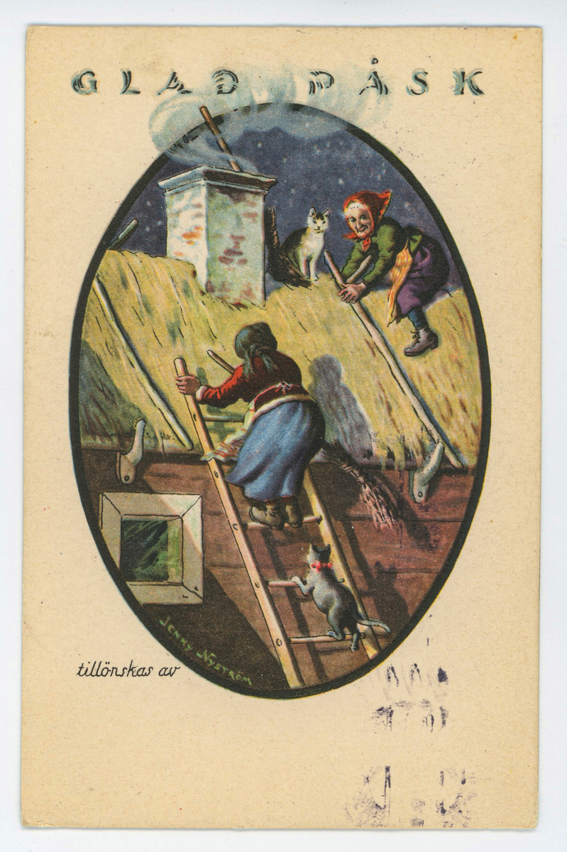 Påskkort med motiv av påskkärringar med kvastar och katter som klättrar på ett halmtak. Ovanför bilden finns texten "GLAD PÅSK" och till vänster "tillönskas av". 
På baksidan finns ett grönt 10- öres frimärke med ett lejon. Kortet är poststämplat den 22/4-1923.