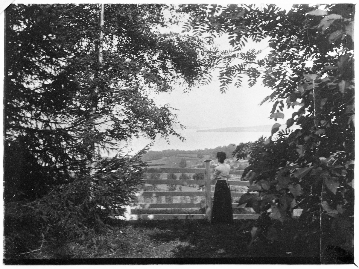Pauline Hveem (f.Raabe) avbildet nederst i hagen på Evenrud, Kapp i Østre Toten, ca. 1900.