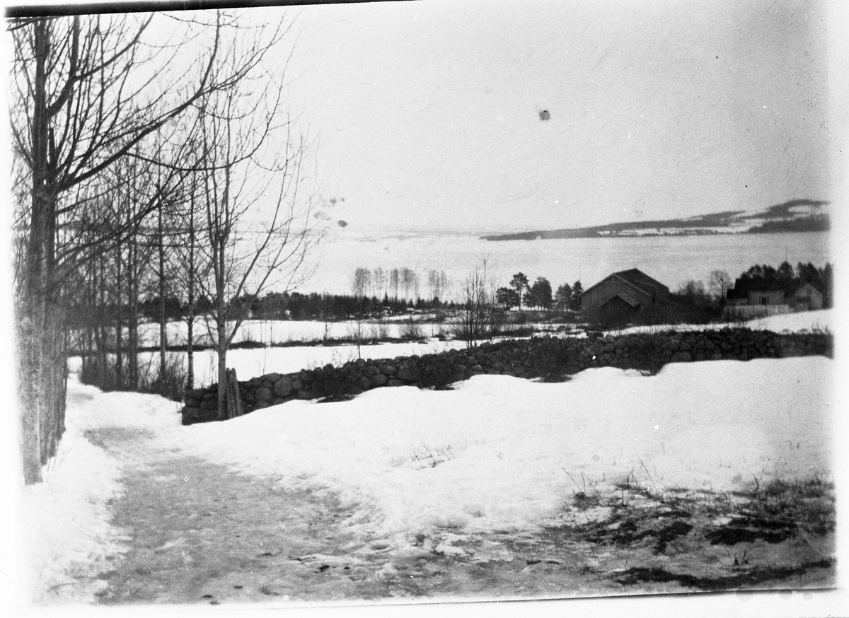 Utsiktsbilde. Lier gård på Kapp i Østre Toten midt i bildet, Mjøsa og Helgøya/Nes i bakgrunnen. Ca.1900.