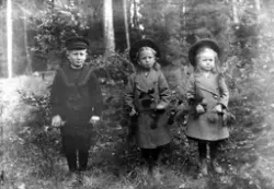 Fotografens egne barn i skogen med en almekvist i hendene, c