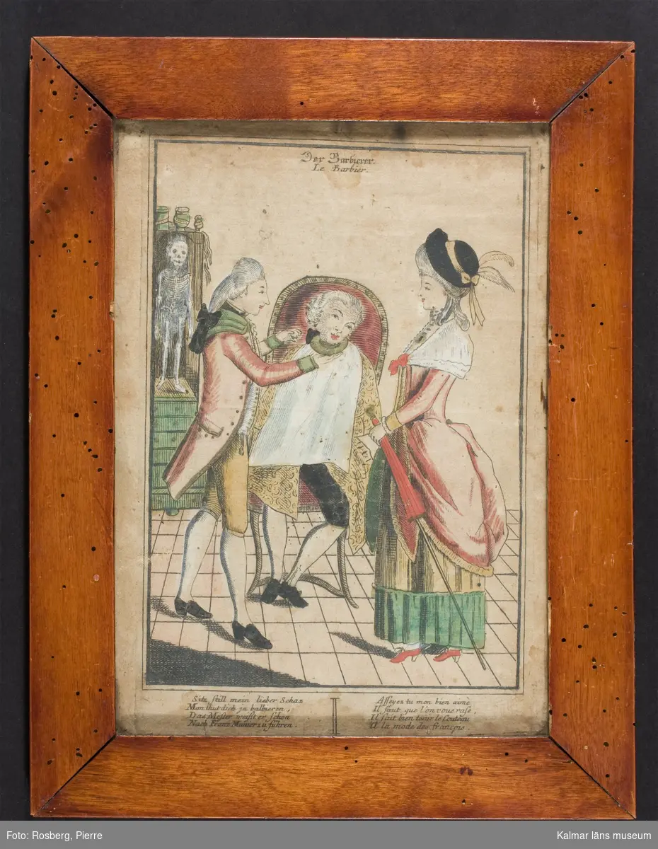 Interiör, rakstuga, en man som sak rakas en barberare och en dam med parasoll och hatt.