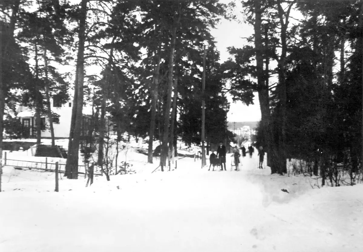 Pappa Lindmalm med söner på sparkutflykt på Örby slottsväg i början av 1920-talet.
 ; Lindmalm - se text som vi fått
Backen ner mot Juliaborg, som syns i bakgrunden.