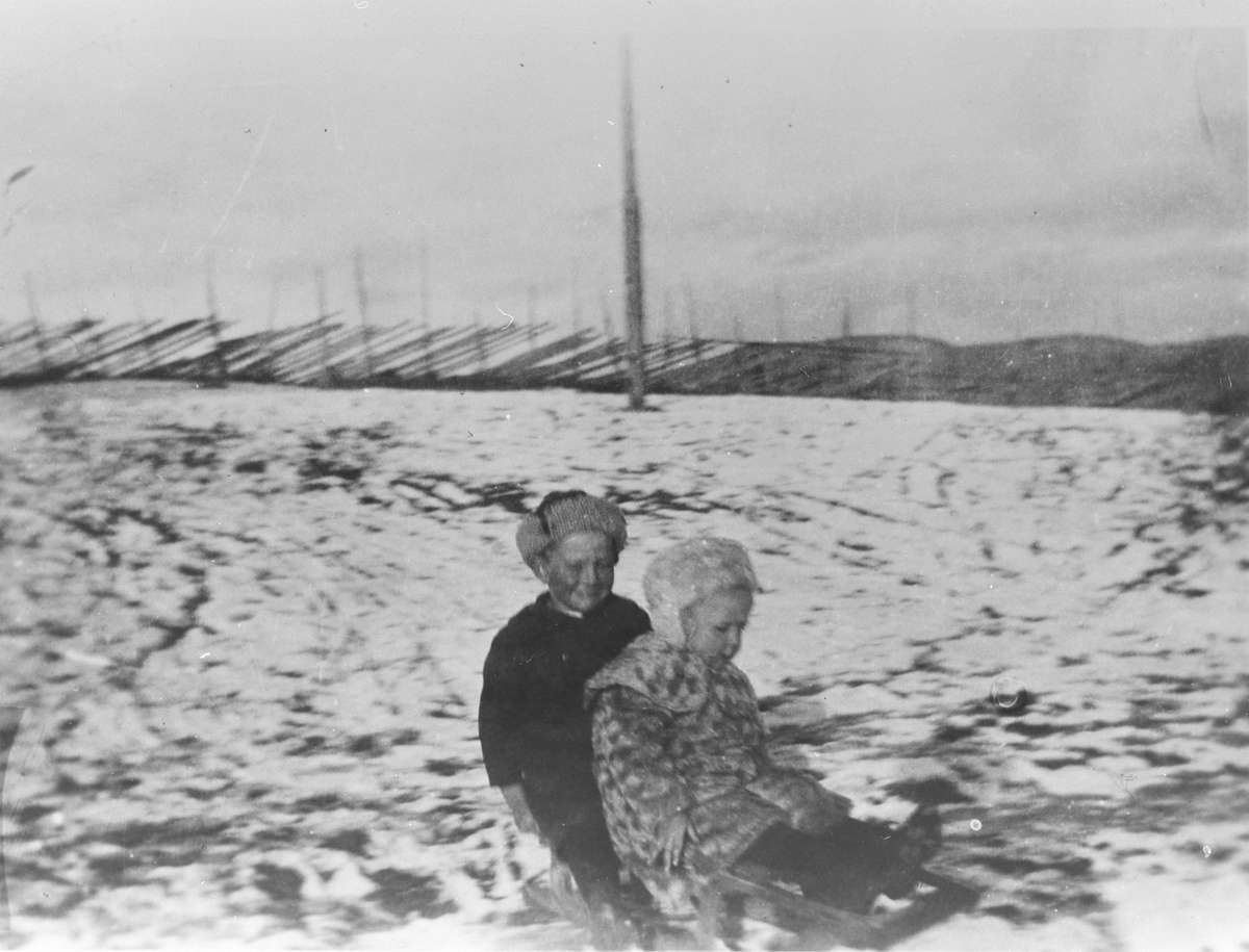 Kjelkeaking på Nedre Skatvedt, 1920. Fra venstre: Martin og Inge Skatvedt.