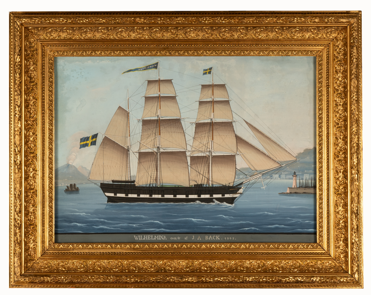 Fartygsmålning av barkskeppet Wilhelmina, byggt 1838 på Södra varvet i Gävle av John Hillman för L P Löthman och Cark Erik Rahm. Sålt till Norge 1852. Målat mellan 1845-1851 då dess befälhavare var Johan Back.