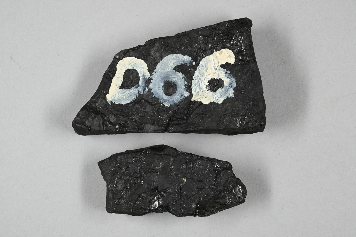 Två prover av stenkol, svarta. Märkning på ett av proven i vit färg: "D66". Tillhörande lapp med notering: "D66. Svagt sintrande stenkol, "Best South Yorkshire", C. G. Särnström. 1888".