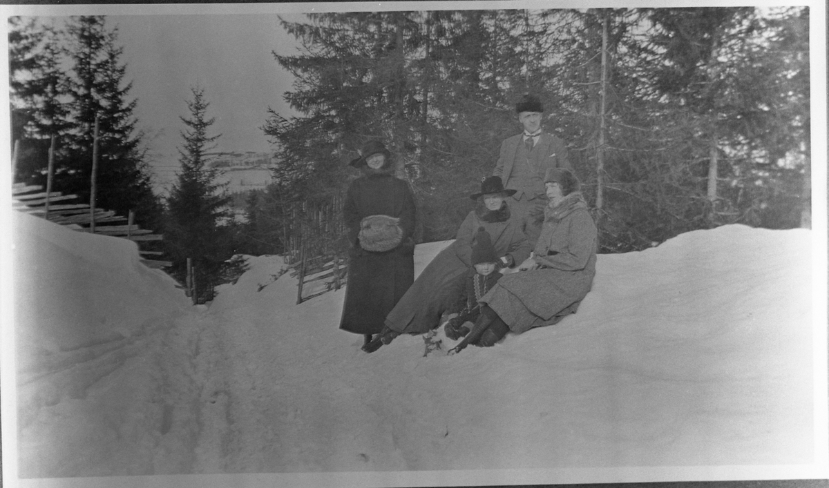 Fem personer på en brøytekant ca. 1923. Personene: Kvinnene foran er Agnes Østvold, Magda Nergård, og Jenny Johannesen (g.Østvold). Smågutten foran er Birger Nergård, og mannen bak Johannes Nergård.
Nøyaktig stedsangivelse er vegen mellom Hølstad og Røstøen.