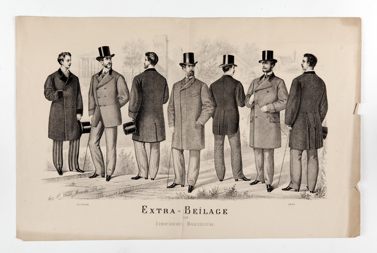 Tryckt modeplanch föreställande herrmodet år 1873.

Text under bilden: EXTRA - BEILAGE  ZUR EUROPÄISCHEN MODENZEITUNG.Man Mansklädsel Hatt Rock Mode