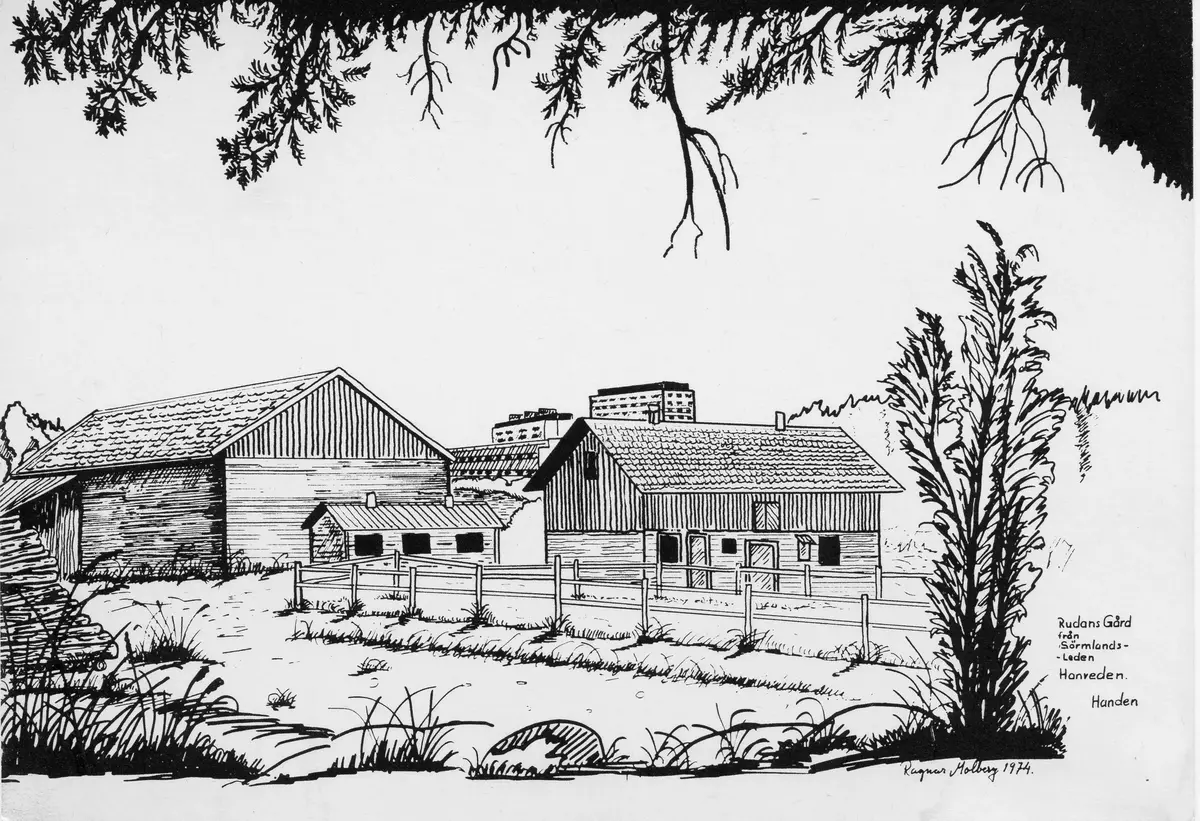 Vykort Rudans gård efter teckning R.Molberg