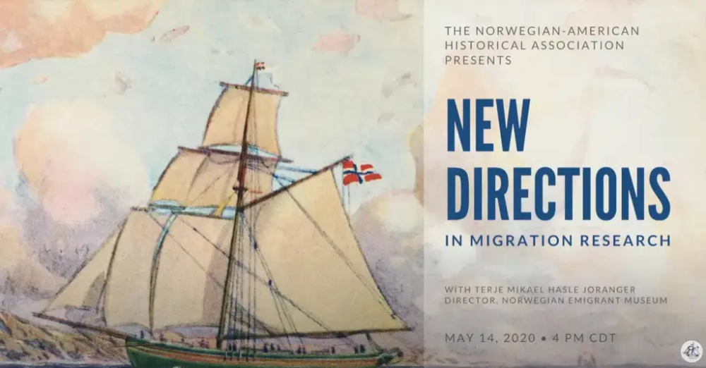 Plakat med tegning av en gammel seilskute på venstre side og tittel NEW DIRECTIONS IN MIGRATION RESEARCH (og mer tekst) på høyre side. 