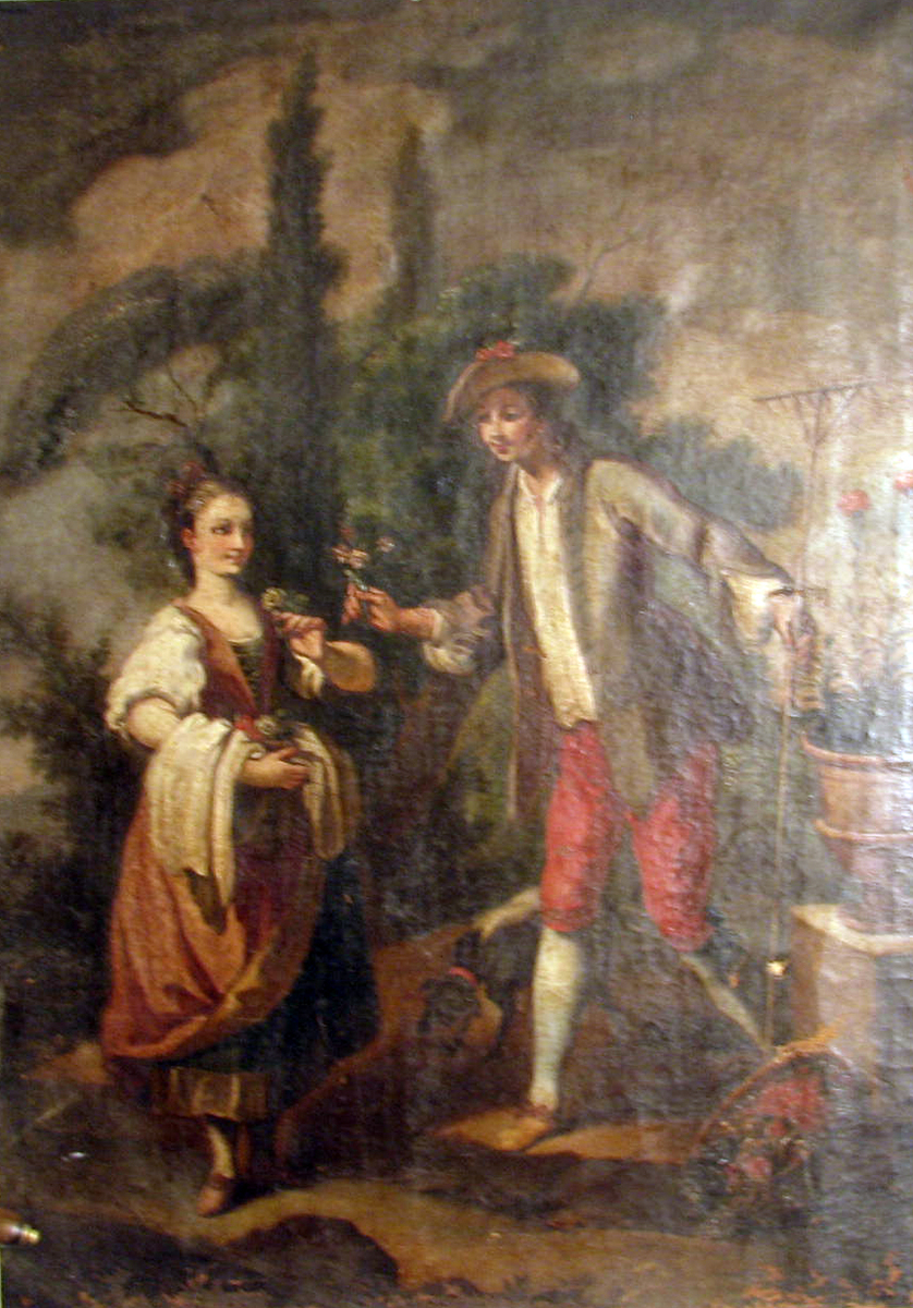 Rektanulært. Figurer i brunt landskap. Kvinne, høyrev., rødbrun
kjole, blomst i h. hånd; mann, venstrev., røde knebukser, rekker fram bukett, i h. hånd rive.