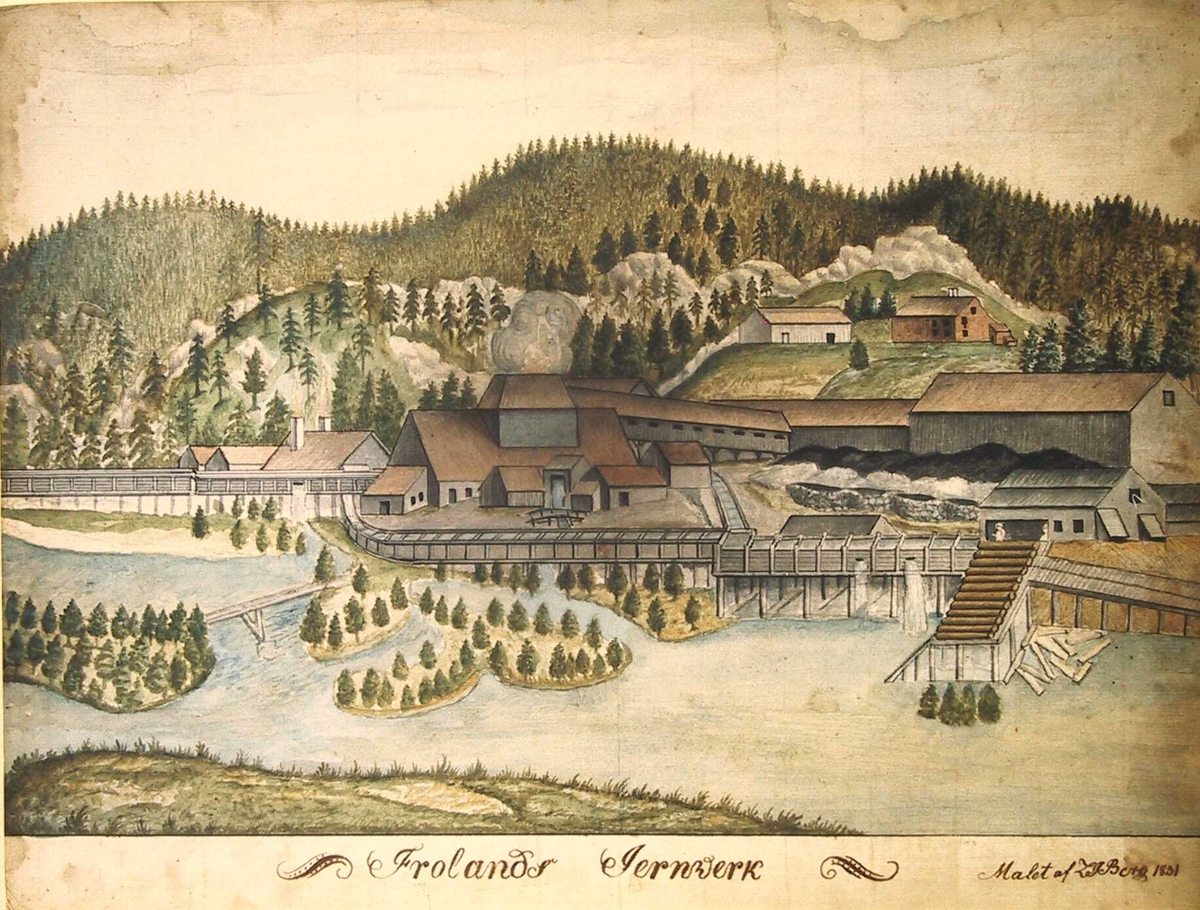Frolands Jernverk, 1831  (gnr. 20 bnr. 1.  I forgrunnen elv med granvokste småøyer, på elvebredden i mellomgrunnen jernverket med smelteovnen i midten, langs elven vannrenner. I bakgrunnen skogkledte åsen og en bondegård.