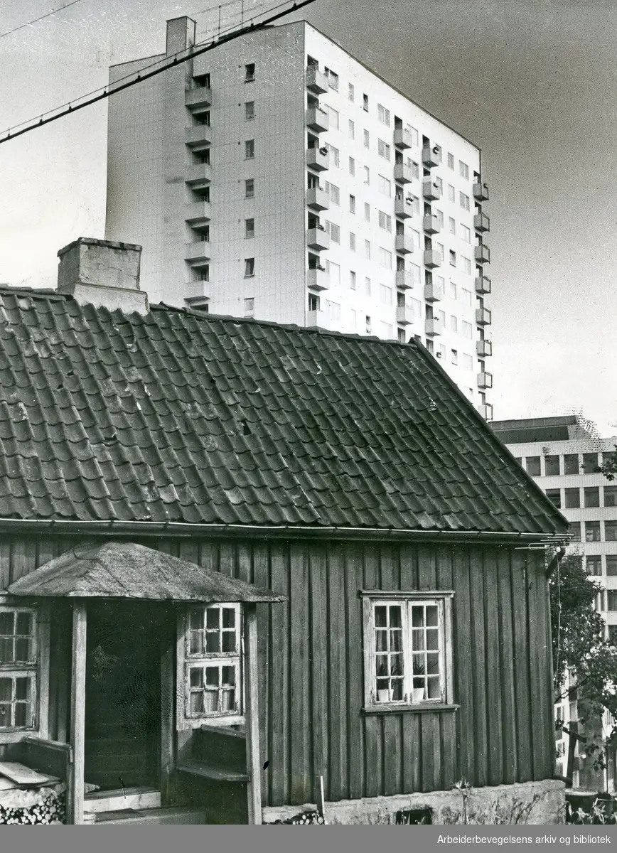 Sandakerveien 2 på Torshov. .Hønse-Lovisas hus med ett av høyhusene i Thorvald Meyers gate i bakgrunnen,.august 1967