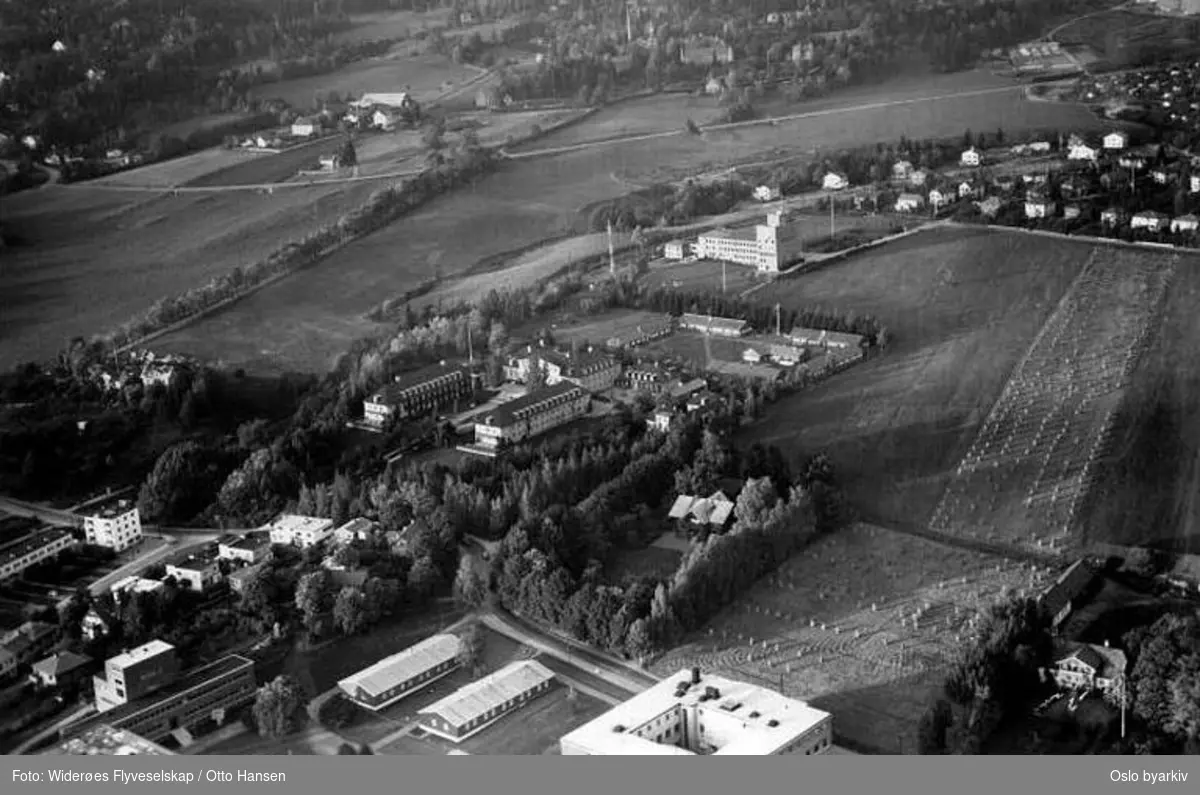 Universitet, Øvre Blindern gård, Blindernveien, Apalveien, Gaustad sykehus og gård (Flyfoto)
