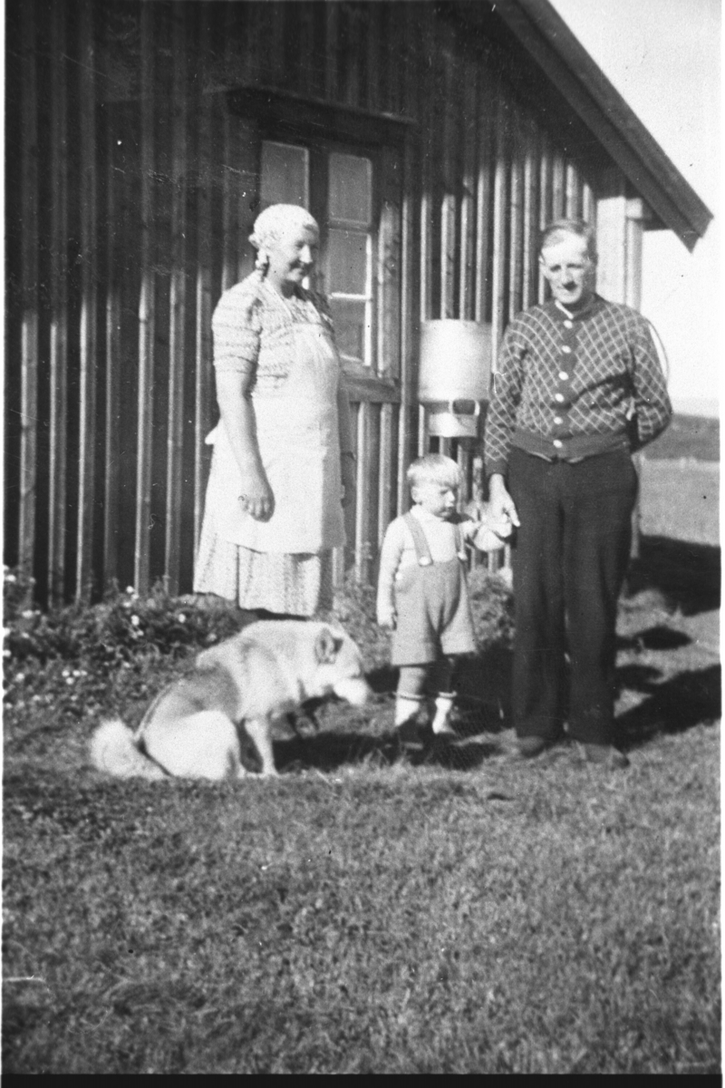 Portrett, bukse, lusekofte, kjole, forkle, meierispann og hund.
Frå v.:Birgit Stuveset Liahagen, Birger Liahagen og Hermann Liahagen. Hunden Finn er med.