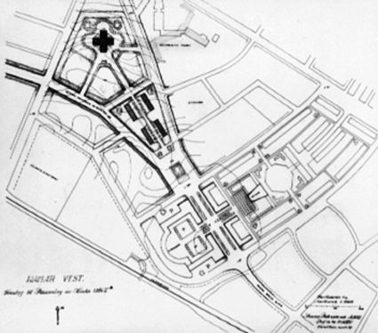 Hamar kommune, kart 1949, arkitekt Sverre Pedersen (1882-1971) forslag til plassering av ny kirke på Storhamar, Hamar vest
