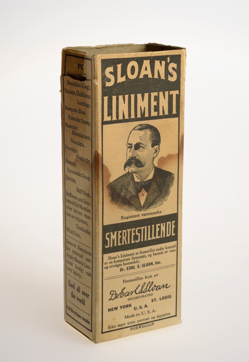 Gjenstandens emballasje og flaske har begge sentralt et portrett av Dr. Earl S. Sloan; en mann med kjemmet hår og markant bart, dressjakke, skjorte og tversoversløyfe. Over portrettet er navnet på produktet, under portrettet er mer informasjon om produktet og produsent.
