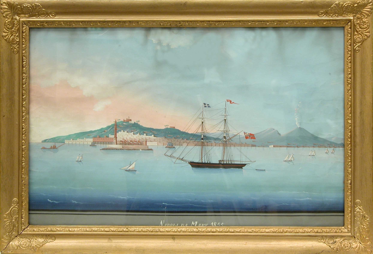 Akvarell av Napolibukta med byen og Vesuv i bakgrunnen. En norsk seilskute ligger i bukta.