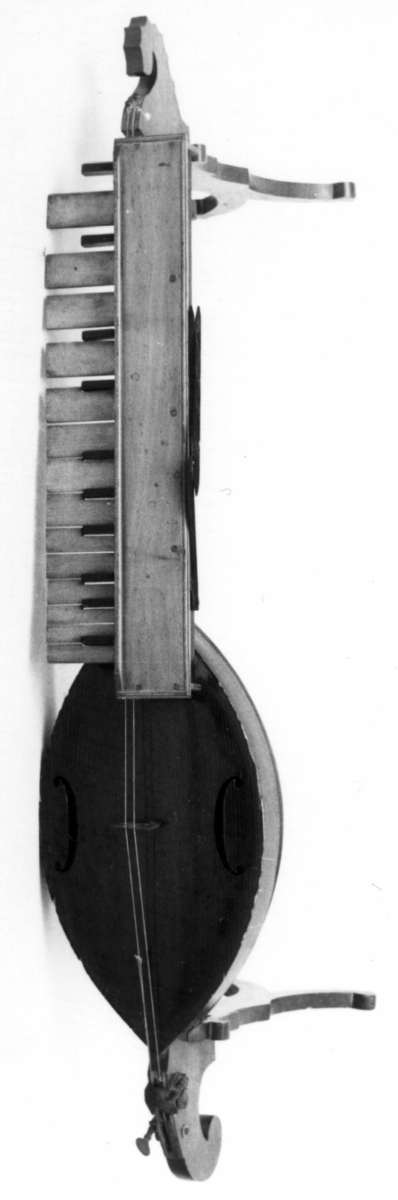 Omfang: G# - g' (2 oktaver).
Korpus´ lokk av gran, bunn og sarg av løvtre. 2 strenger (viklede stålstrenger) går over den ovale lydkassen og den lange halsen. En vanlig stol er anbragt mellom de to C-huller på lokket. Over halsen et klaviatur på 2 oktaver. Gule under-og sorte overtangenter. Instrumentet hviler på 4 ben.

17.4.2012
Kassen som danner halsen er alget av eik.
Undertastene av bøk og belagt med en gul ferniss på den delen, det blir spillt på. Overtastene av nøttetre (?), svart malt. Tastene er skruet med en metallskrue inn i halsen. Rund hver skrue er det satt en metallfjær under tasten, som trykker tasten opp.