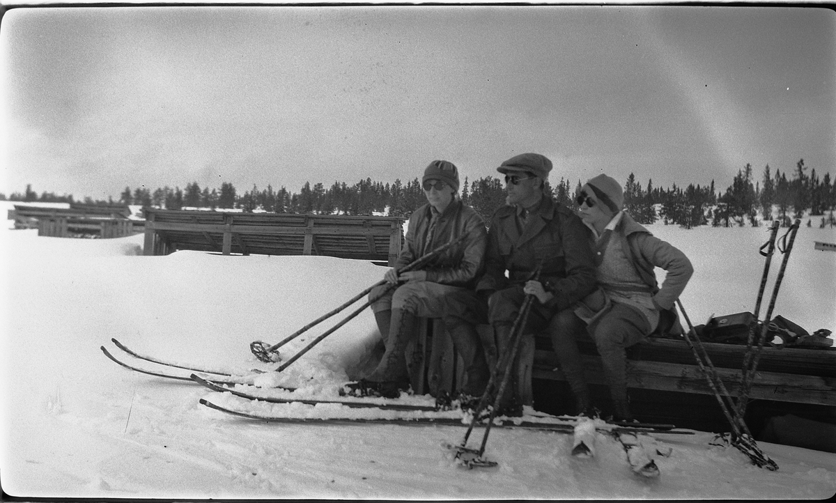 To kvinner og en mann på ski. Bygninger for torvmyrproduksjon, tørkelager. 