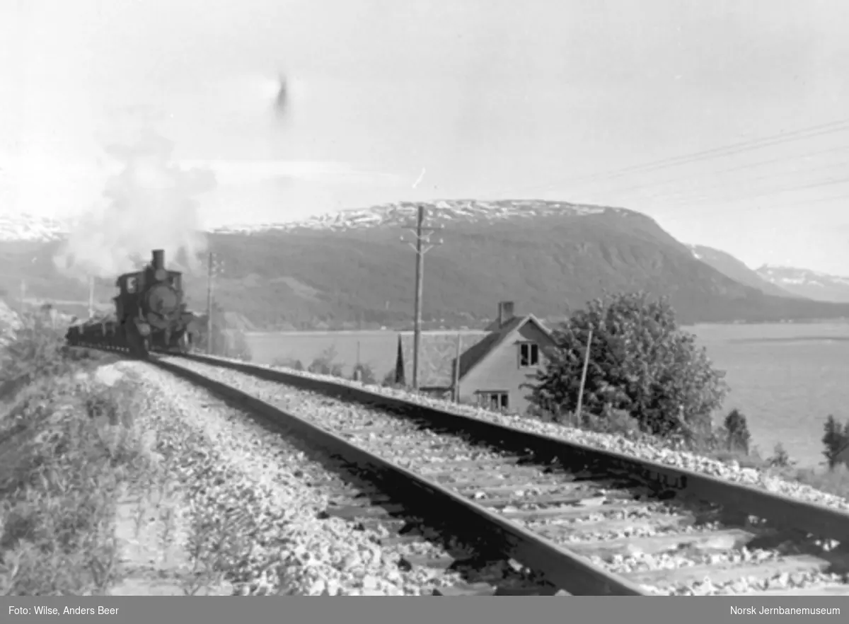 Damplokomotiv med grustog rett sør for Finneidfjord stasjon