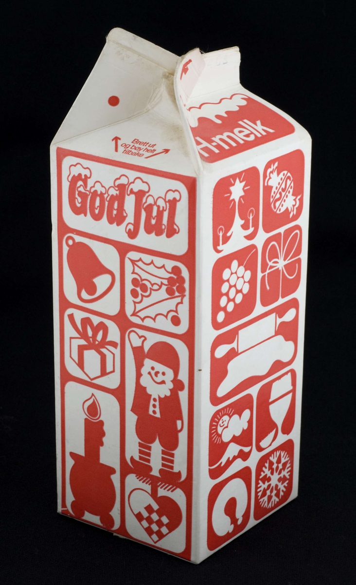 2 liters melkekartong for H-melk med julemotiv i rødt.