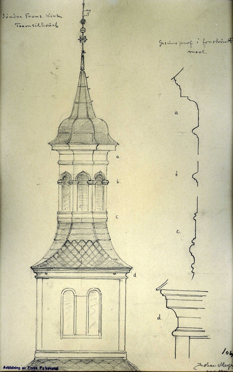 Johan J. Meyer tegning (1912) av kirketårn med profil, Sør-Fron kirke, Sør-Fron, Oppland.