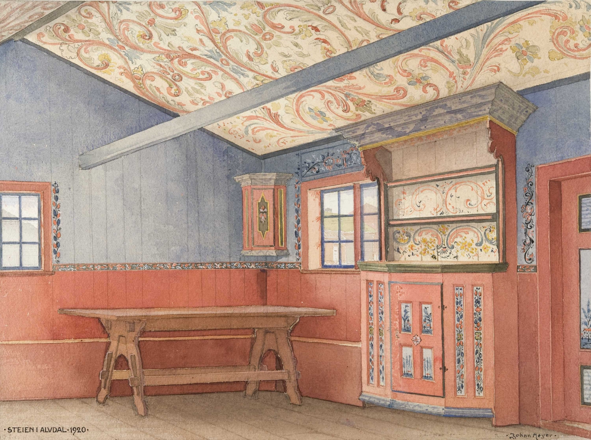 Johan J. Meyers akvarell (1920) av rosemalt interiør i gamlestuen, Øvre Steien, Alvdal, Hedmark.