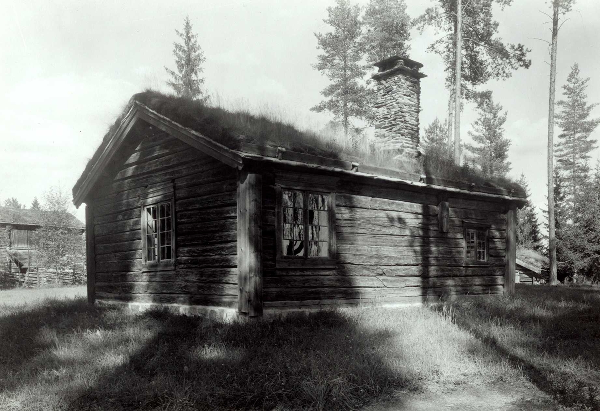 Olen, Øvre Steien, Alvdal, Nord-Østerdal, Hedmark. Lita tømmerstue med torv på taket sett fra baksiden. Nå på Glomdalsmuseet.