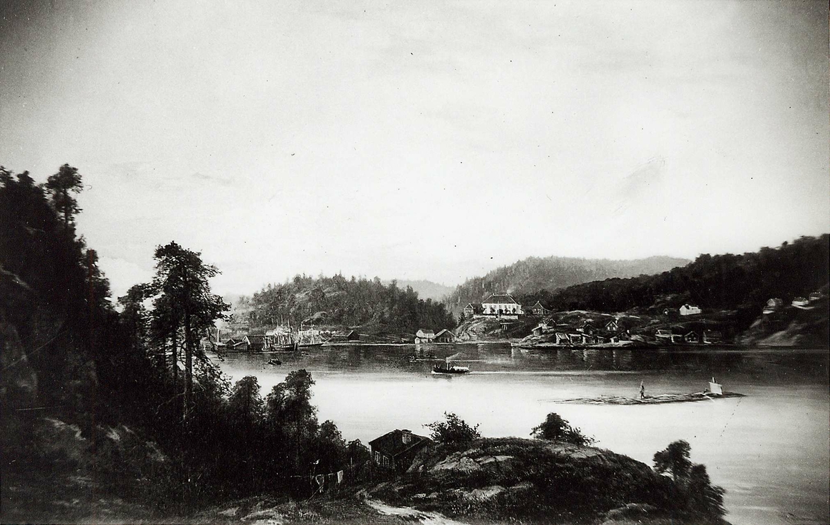 Landskap med Strømsbo gård, Strømsbu, Arendal, sett fra Hisøy. Maleri, olje på lerret, malt av Arendals "bymaler" Barthold Christian Rummelhoff i 1870.
