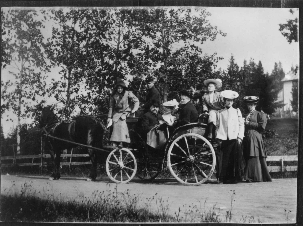 Kvinnegruppe med kurvtrille, Trondheim, ved kroningen juni 1906. Kurvtrillen har brems og kuskesete med plass for to.
