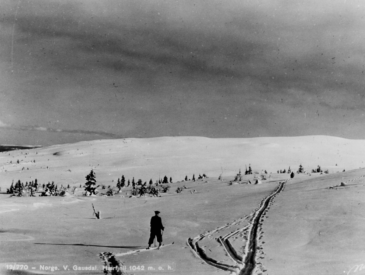 Avfotografert postkort. En enslig skiløper på vei over fjellviddene på Hærfjell i Vestre Gausdal.