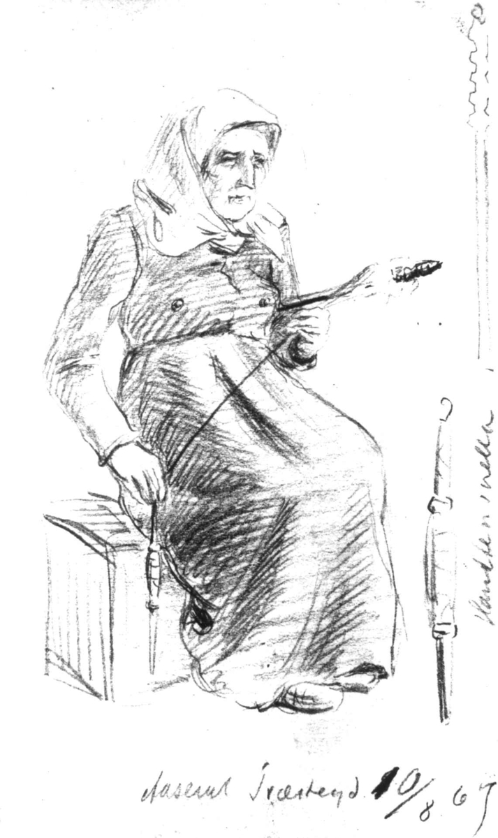En kvinne spinner på håntein. Tegning av G. August Schneider, datert  10.08.1867. Åseral prestegård, Åseral, Vest-Agder.
