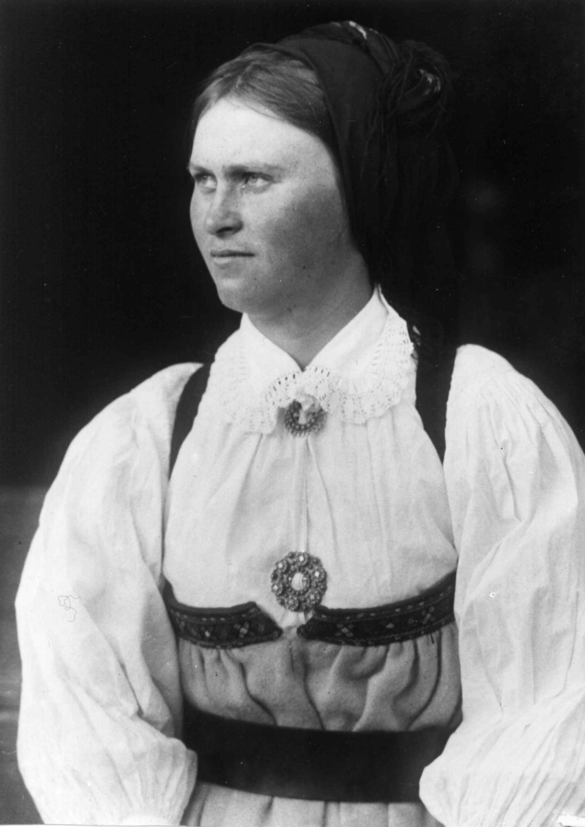 Kvinnedrakt, portrett, Valle, Setesdal, Aust-Agder, antatt 1924.
Fra "De Schreinerske samlinger" (skal oppgis).