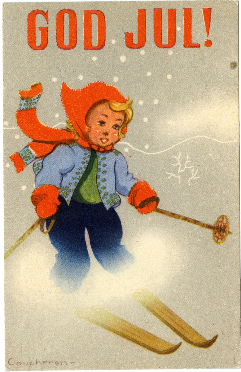 Postkort/julehilsen. Barn på ski. Motivet er tegnet av Anne Eline Coucheron. Kortet er poststemplet 21.12.1944.