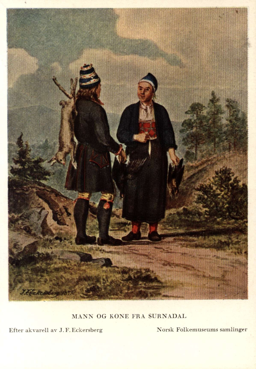 Postkort utgitt av Norsk Folkemuseum. Etter draktakvareller fra  JF Eckersberg. Mann og kone fra Surnadal.