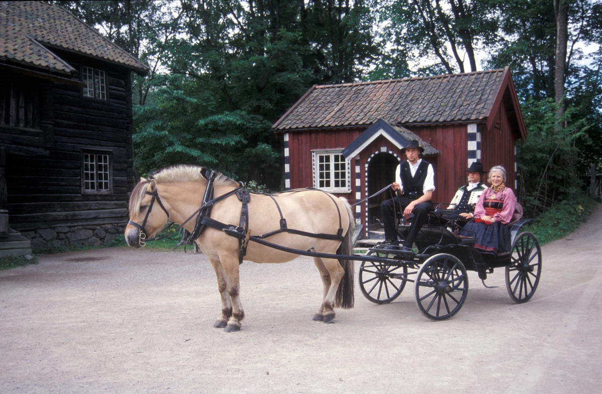 Verter i drakter på Telemarkstunet, Norsk Folkemuseum. Hest og vogn foran Cappelenstua, bygning nummer 132, og Ylistua, bygning nummer 131.