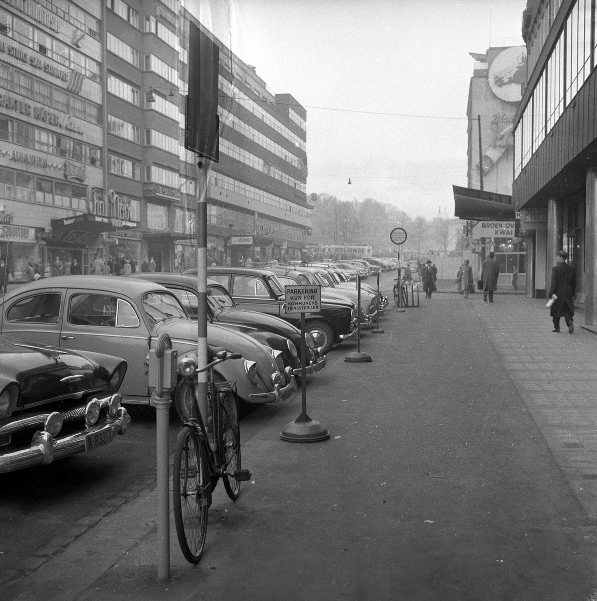 Biler parkert ved trafikkskilt "Parkering kun for kommunens tjenestebiler, Olav Vs gate, Oslo.