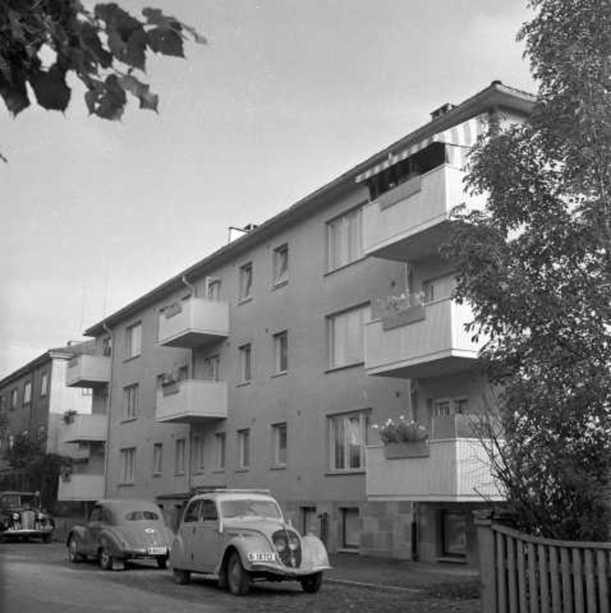 Boligblokker i Magnus Barfots gate, Frogner, Oslo 1956. Parkerte biler.