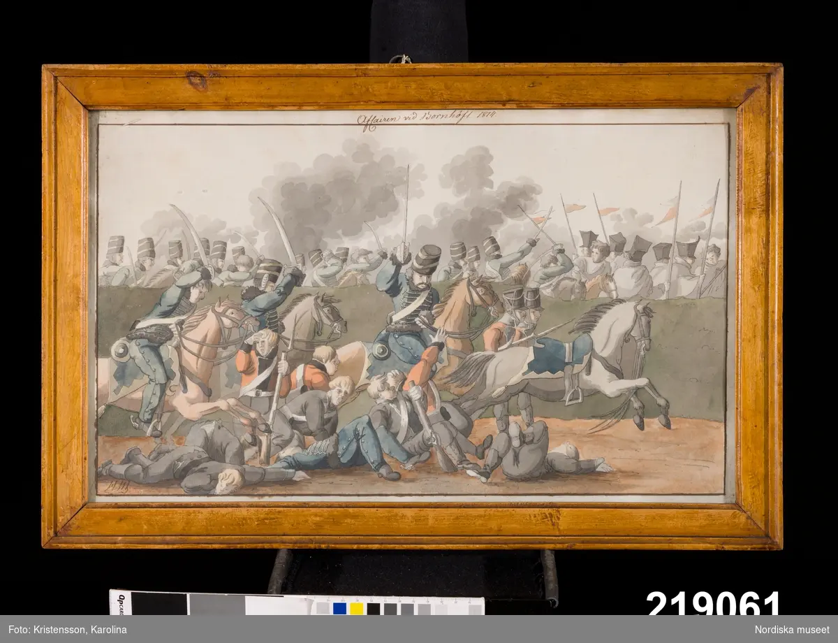 Bataljscen. Slaget vid Bornhöft 1814.
Djur, hästar.
Människor, militärer.