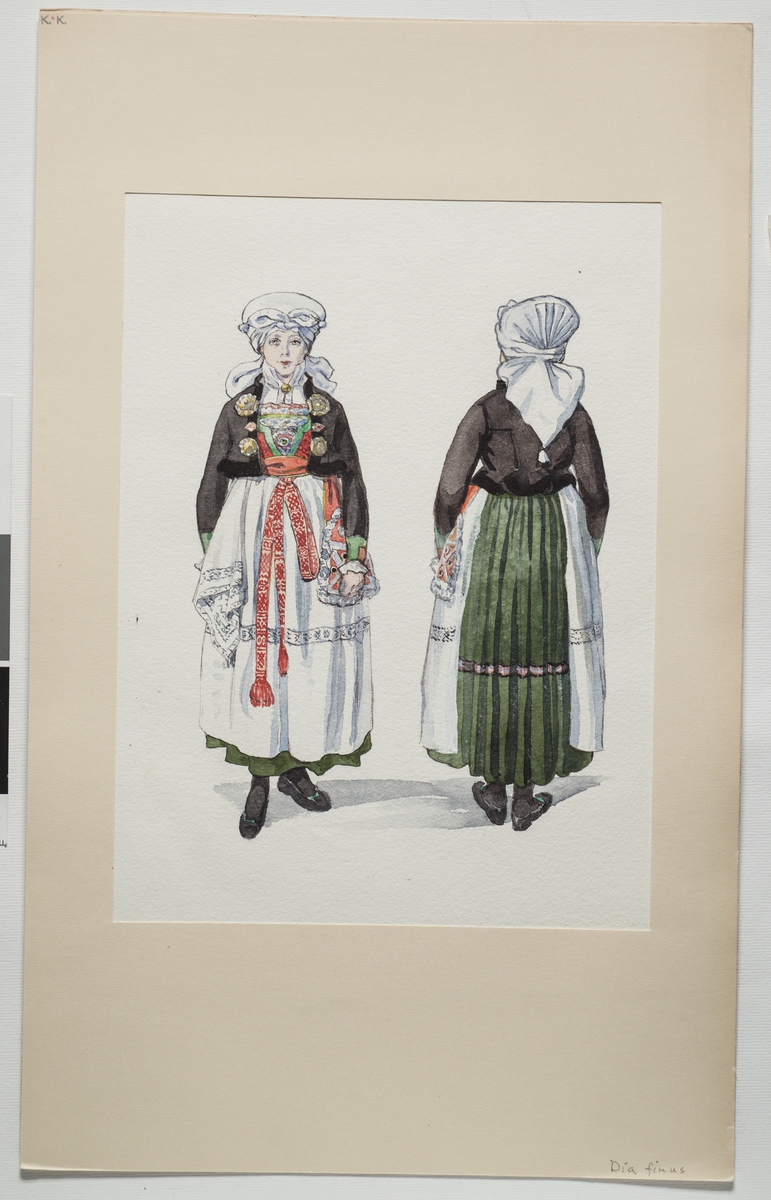 Festdräkt för gift kvinna Järrestads härad, Skåne. Akvarell av Emelie von Walterstorff.