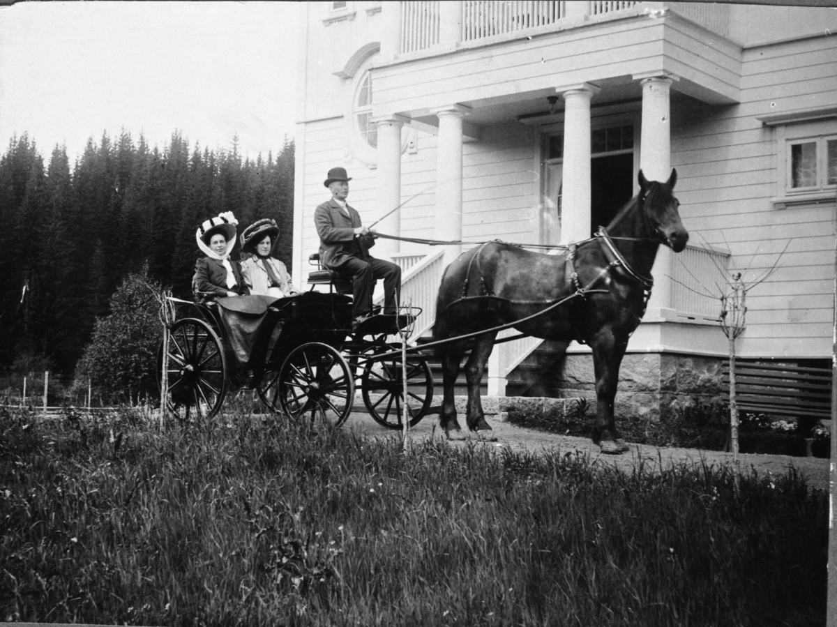 Hest og vogn foran Granly. Kusk og to damer sitter i vogna.