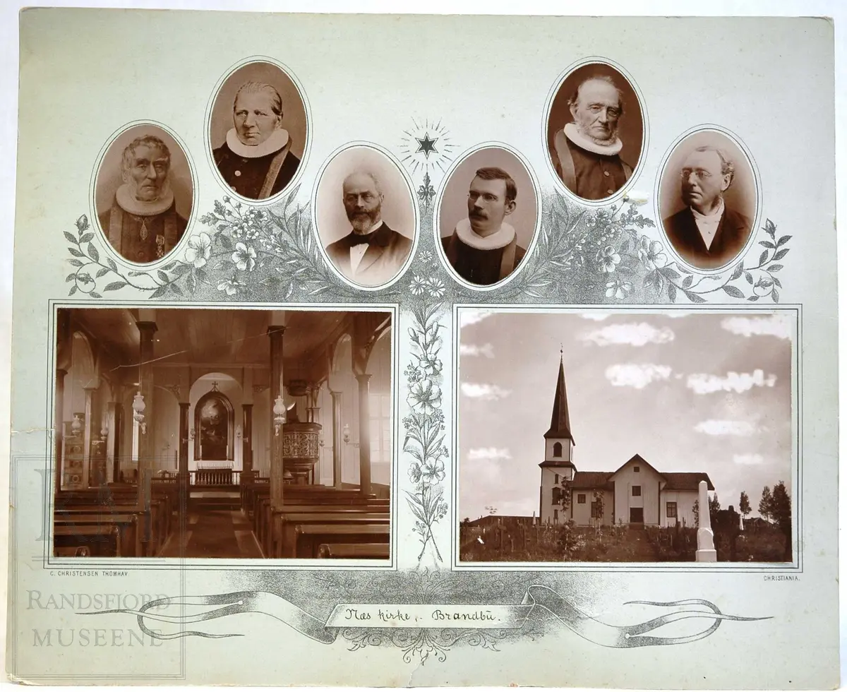 Collage 8 foto, Nes kirke eksteriør og interiør og seks portretter av prester som har hatt sitt virke i Nes kirke. 