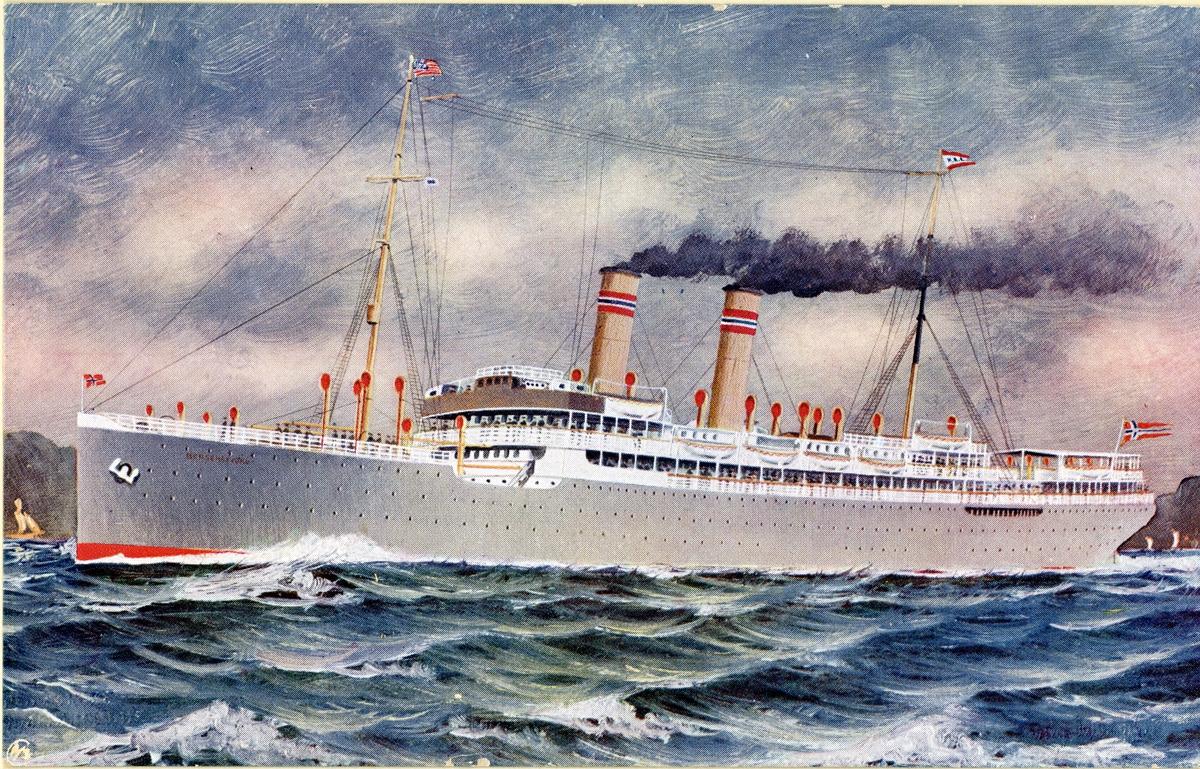 Håndmalt bilde av D/S Bergensfjord (b. 1913, Cammell Laird & Co. Ltd., Birkenhead)