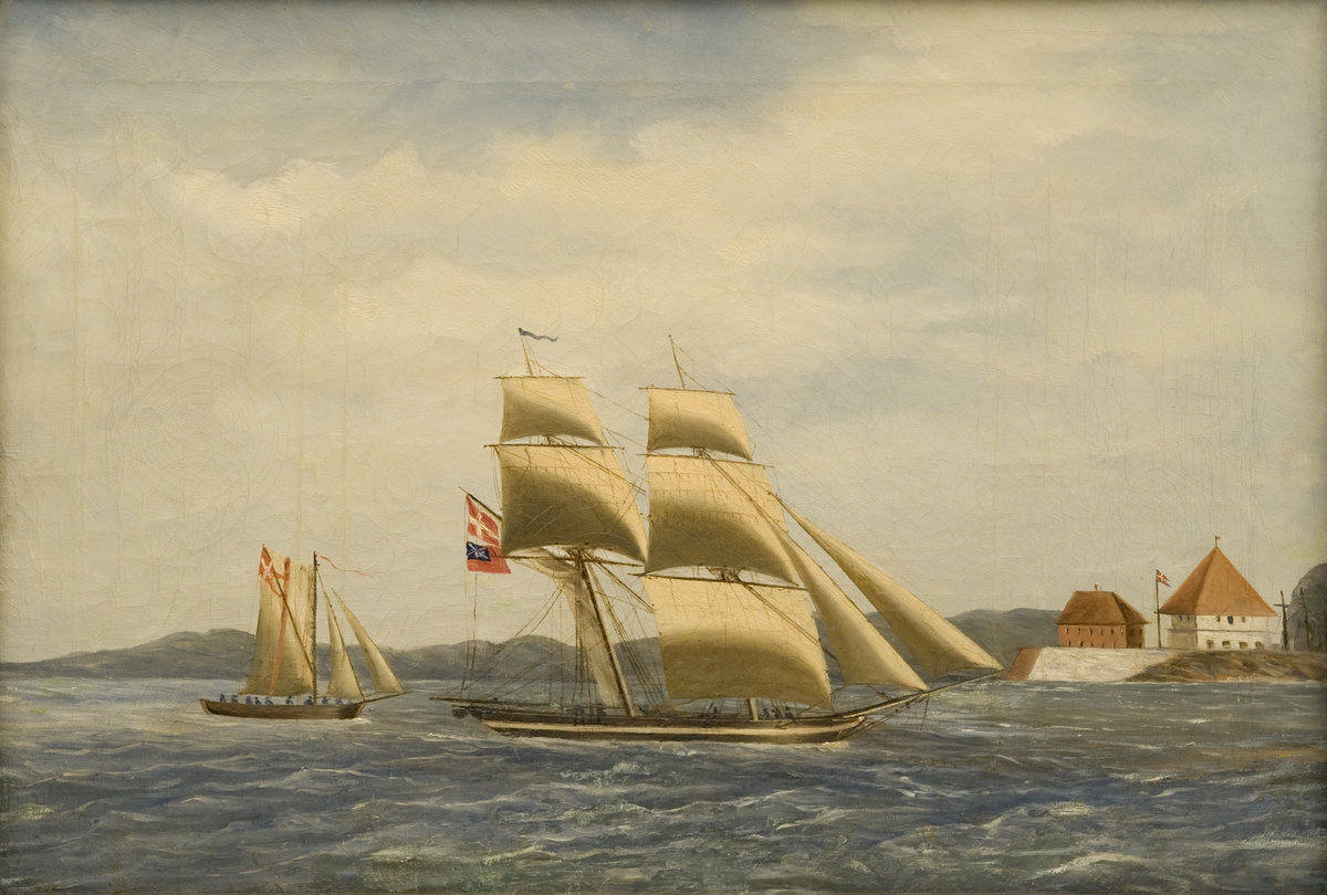 Kapret engelsk brigg og mindre dansk-norsk fartøy under innseiling til Fredriksvern