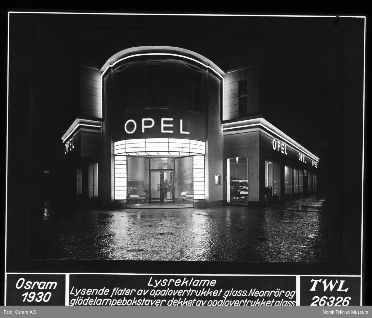 Opplyste fasade og vindusutstillinger, bilforretning, Opel, 1930